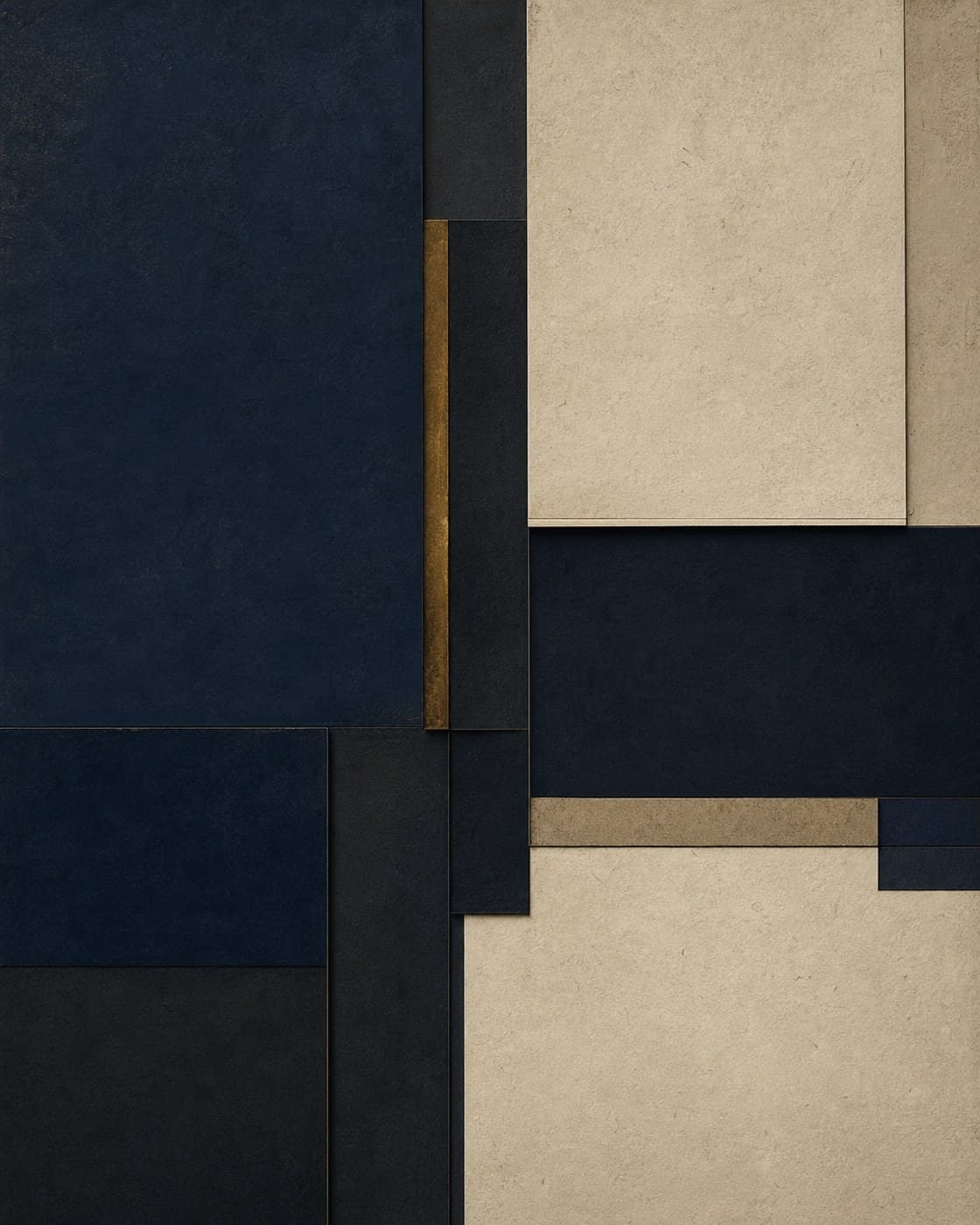The Measure Between, an abstract work from the Geometry collection. Measured forms held in tension between deep mineral blue, parchment and aged brass.